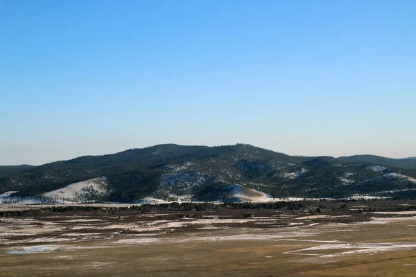 Winter Besneeuwde Bergen Bedekt Met Dennenbos Geel Gras Weide Met — Stockfoto