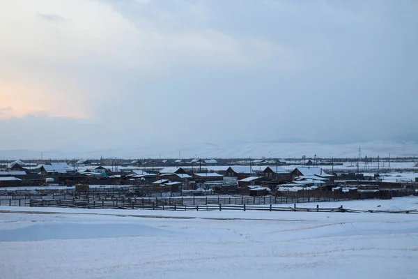 Inverno Snow Rural Village Paisagem Vista Com Pequenas Casas Madeira — Fotografia de Stock