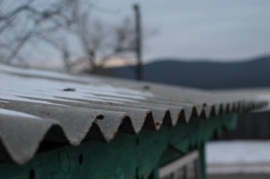Kırsal Kır Evi 'nin Kışın Beyaz Kar Altında Kapladığı Dalga Tahta Çatı Kaplaması 