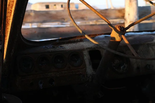 Skeleton Burnt Car Steering Wheel Old Van Rusty Metal — Stock Photo, Image