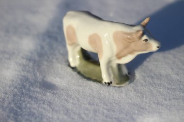 Ay takviminde 2021 Yılının Küçük Boğa Heykeli Sembolü. Boynuzlu Beyaz Benekli İnek Kışın Beyaz Kar Üzerinde 