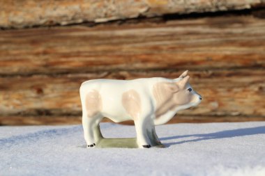 Ay takviminde 2021 Yılının Küçük Boğa Heykeli Sembolü. Boynuzlu Beyaz Benekli İnek Kışın Beyaz Kar Üzerinde 