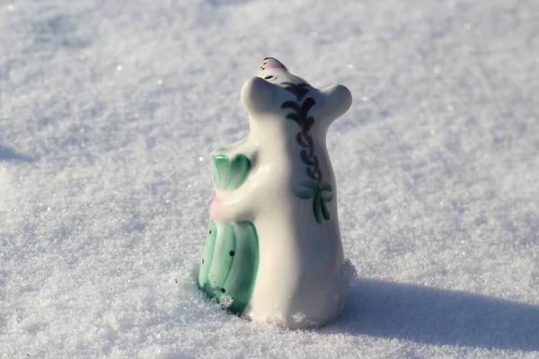 Mouse Symbol Lunar Calendar Little Porcelain Figurine Winter Snow Small — Stock Photo, Image