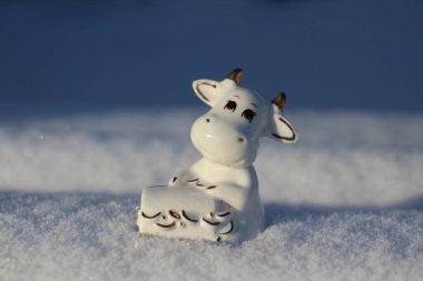 Ay takviminde 2021 Yılının Küçük Boğa Heykeli Sembolü. Beyaz Kabarık Kar Üzerinde Beyaz Boynuzlu İnek Zenginlik ve Sağlık Kutusu