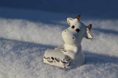 Ay takviminde 2021 Yılının Küçük Boğa Heykeli Sembolü. Beyaz Kabarık Kar Üzerinde Beyaz Boynuzlu İnek Zenginlik ve Sağlık Kutusu