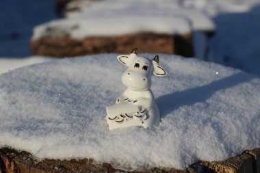 Ay takviminde 2021 Yılının Küçük Boğa Heykeli Sembolü. Beyaz Kabarık Kar Üzerinde Beyaz Boynuzlu İnek Zenginlik ve Sağlık Kutusu