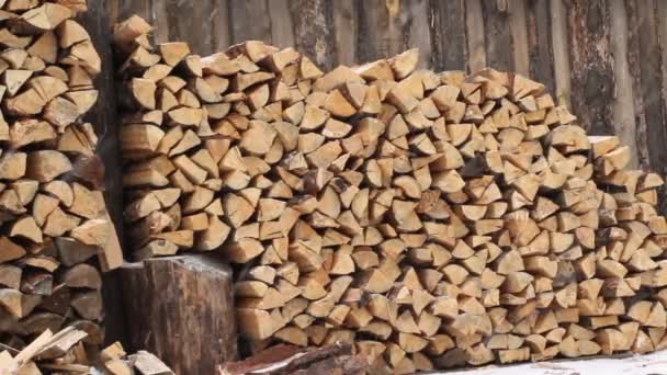 Pile Bois Chauffage Recouvert Neige Blanche Texture Bois Fissuré Par — Video