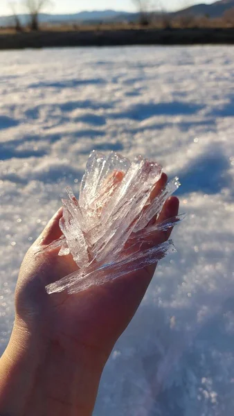 Πάγος Στο Χέρι Διαφανές Παγοκρύσταλλο — Φωτογραφία Αρχείου