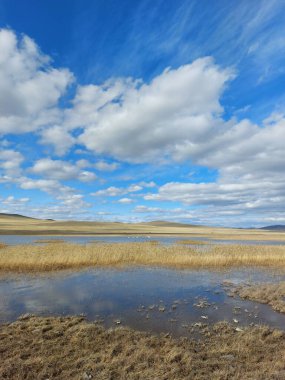 Mavi gökyüzü ve kabarık bulutların yansımasıyla göl suyunun manzarası 