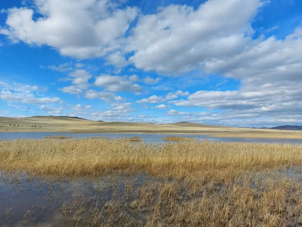 Scénický Pohled Jezero Odrazem Modré Oblohy Nadýchané Mraky — Stock fotografie