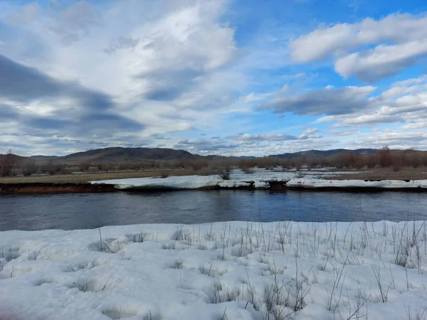 Spring Melting Snowdrifts River Bare Tree Bushes — Stock fotografie