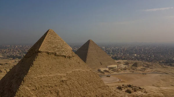 Vista Paisagem Pirâmide Khafre Pirâmide Khufu Paisagem Das Pirâmides Giza — Fotografia de Stock