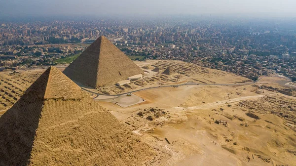 Aerial View Giza Pyramids Landscape Historical Egypt Pyramids Shot Drone — Stock Photo, Image