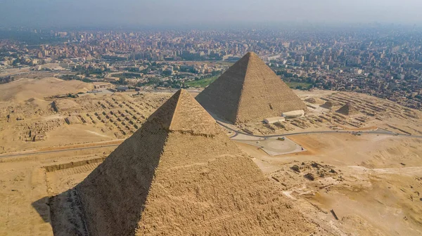 Vista Aerea Giza Piramidi Paesaggio Piramidi Egiziane Storiche Sparate Drone — Foto Stock