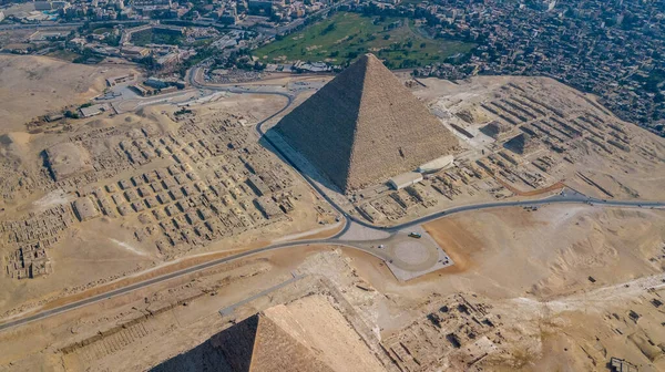 Aerial View Giza Pyramids Landscape Historical Egypt Pyramids Shot Drone — Stock Photo, Image