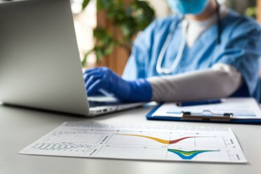 Epidemiyoloji doktoru dizüstü bilgisayar üzerinde çalışıyor, grafikleri ve grafikleri analiz ediyor, COVID-19 Coronavirus küresel salgın salgını, ölüm oranı ölüm bilançosu istatistikleri, araştırma ve veri karşılaştırması, WHO bilgileri