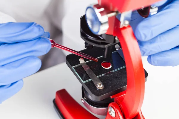 Лаборант Медицинский Технолог Помещает Каплю Крови Стеклянную Горку Красного Микроскопа — стоковое фото