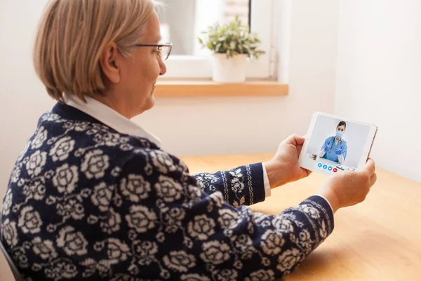 Retired Senior Elderly Woman Talking Physician Virtual Telemedicine Video Call — Stock Photo, Image