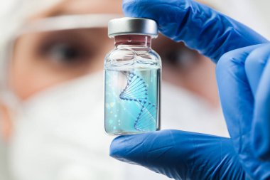 UK lab scientist biotechnologist holding glass ampoule vial with DNA strand,molecule of two polynucleotide chains forming double helix carrying Coronavirus genetic instruction,new strain RNA mutation clipart