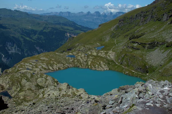 Idylliskt Sjölandskap Toppen Berget Pizol Schweiz 2020 — Stockfoto