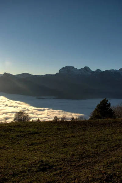 Mar Névoa Sobre Vale Reno Suíça Visto Triesenberg Liechtenstein 2020 — Fotografia de Stock