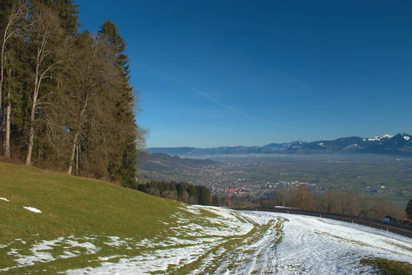 Blick Über Das Rheintal Von Österreich Und Der Schweiz Von — Stockfoto