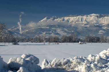 Lihtenştayn, Schaan 'daki Alpler' den fantastik kış manzarası. 16.1.2021