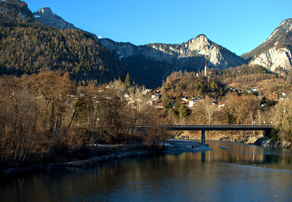 Majestic landscape at the rhine river in Tamins in Switzerland 20.2.2021