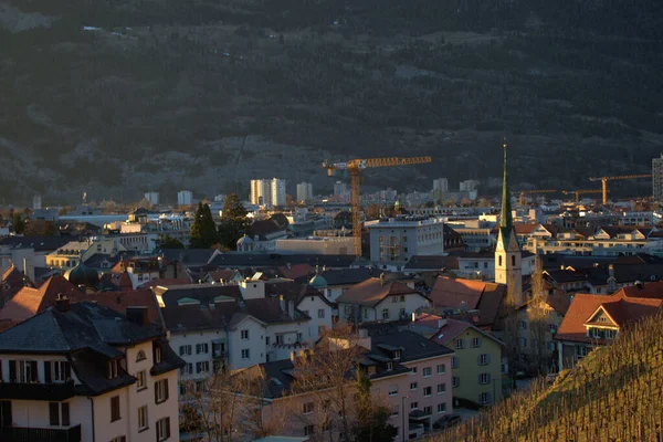 Vista Sobre Ciudad Chur Suiza Después Puesta Del Sol 2021 — Foto de Stock