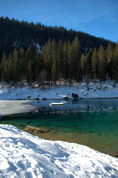 Klares Wasser Und Winterlandschaft Caumasee Bei Flims Der Schweiz 2021 — Stockfoto