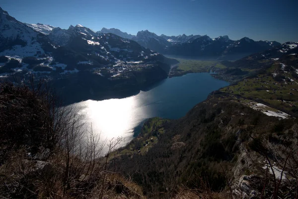 Increíble Vista Sobre Walensee Los Alpes Desde Amden Suiza 2021 — Foto de Stock