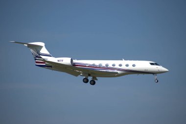 Gulfstream G 650 uçağı İsviçre 'nin Zürih kentindeki 24.2021 sayılı uluslararası havaalanına yaklaşmaktadır.