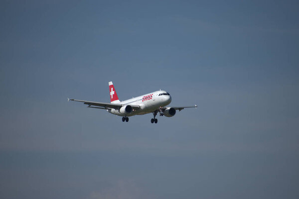 Swiss Airbus A 320-214 aircraft on the final approach the international airport in Zurich in Switzerland 24.4.2021