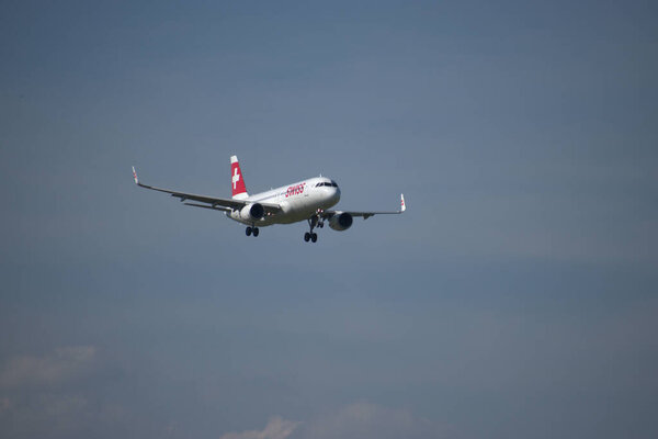 Swiss Airbus A 320-214 aircraft on the final approach the international airport in Zurich in Switzerland 24.4.2021