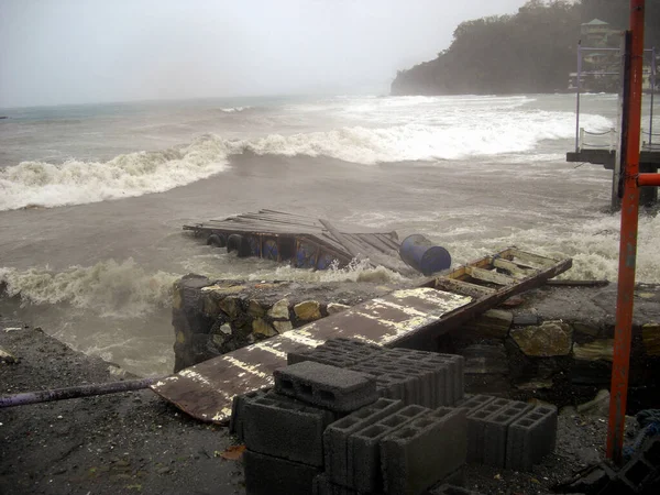 Heavy Rain Showers Strong Typhoon Damaged Buildings Pier Sabang Philippines — Photo