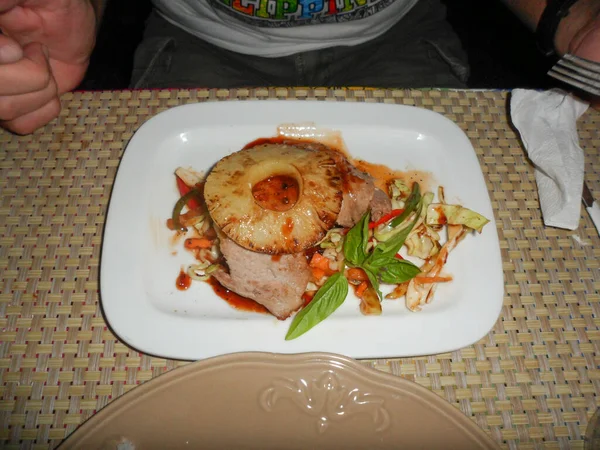 Pork Chops Pineapple Slice Some Vegetables White Plate 2012 — Photo