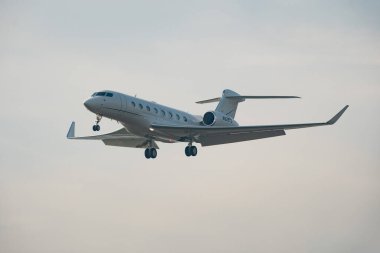 Zürih, İsviçre, 22 Ocak 2026 N-628TS Gulfstream G650ER uçağı, Davos 'taki dünya ekonomik forumu sırasında çok sisli bir günde 14. piste iniyor.