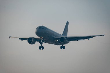 Zürih, İsviçre, 22 Ocak 2026 HUNAF 605 Macar Hava Kuvvetleri Airbus A319-112 uçağı, Davos 'taki dünya ekonomik forumu sırasında çok sisli bir günde 14 numaralı piste iniyor.