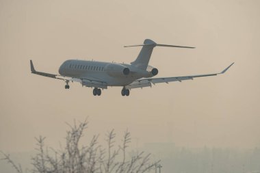 Zürih, İsviçre, 22 Ocak 2026 T7-ADX Bombardıman uçağı, Davos 'taki dünya ekonomik forumunda sisli bir günde 14. piste iniyor.