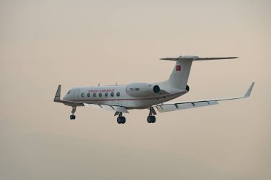 Zürih, İsviçre, 22 Ocak 2026 TC-CBK Türkiye Hükümeti Gulfstream G 550 uçağı, Davos 'taki dünya ekonomik forumu sırasında çok sisli bir günde 14. piste iniyor.