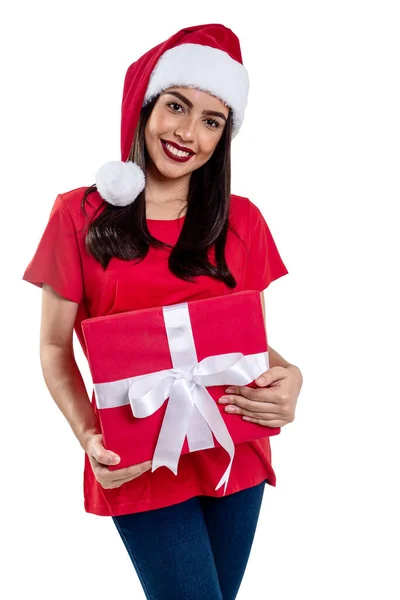 Mulher Com Chapéu Natal Segurando Presente Isolado Fundo Branco — Fotografia de Stock