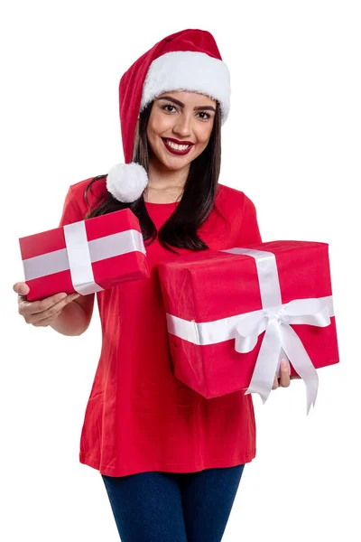 Woman Christmas Hat Holding Gift Isolated White Background Stock Photo