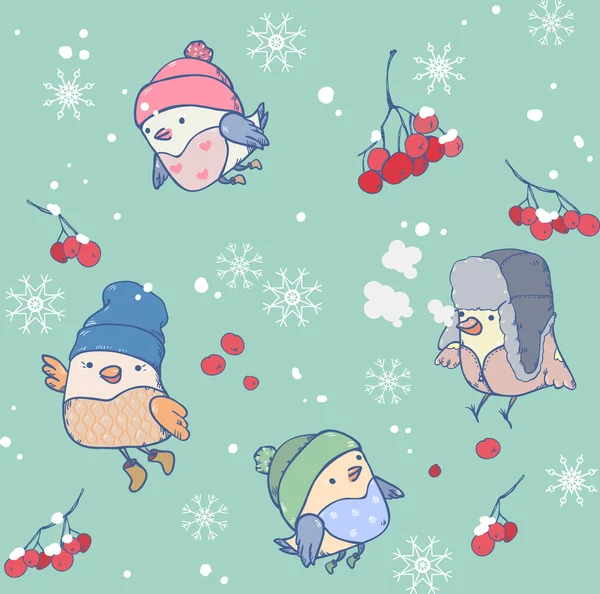 Zimowy wzór zabawny ptaków noszenia kapeluszy — Wektor stockowy
