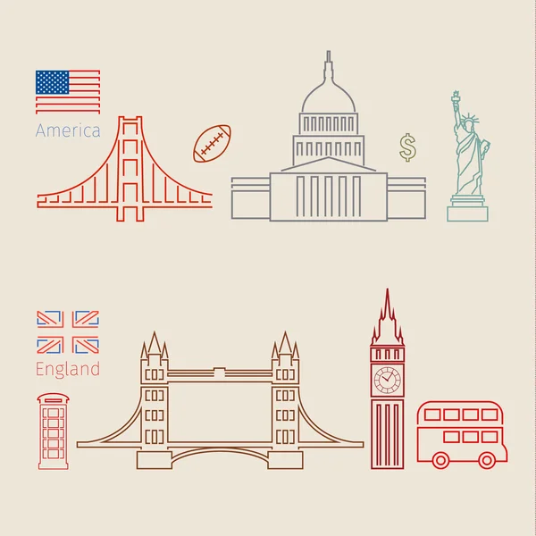 English and american flags with landmarks — Stock Vector