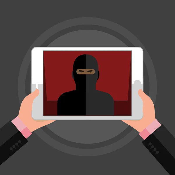 Muž drží tablet s ikonou teroristických — Stockový vektor