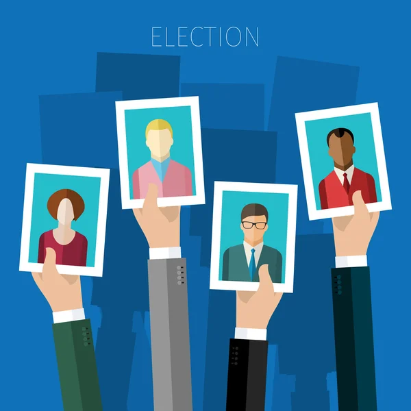 Hands hold portraits of candidates — Stock Vector
