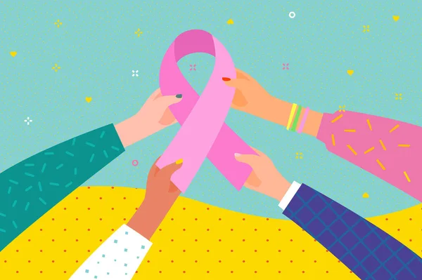 Begreppet Nationell Medvetenhet Bröstcancer Månad Kvinnor Händerna Håller Rosa Band — Stock vektor