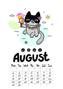 Beyaz arka planda sevimli kedili takvim sayfası. Aylık duvar takvimi ya da masa takvimi 2021. Ağustos ayı. Vektör illüstrasyonu.