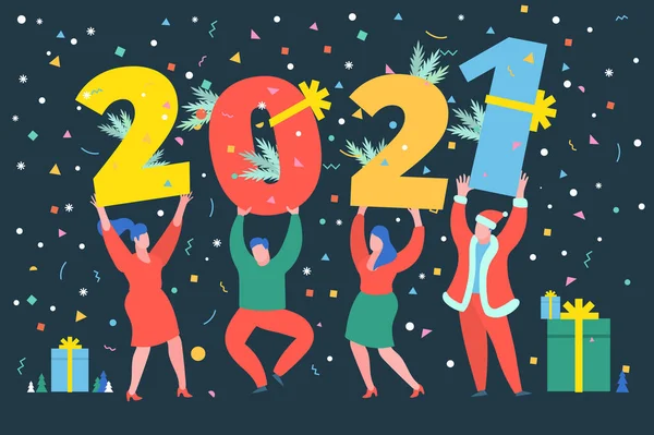 Novoroční Párty Koncept Podnikatelé Tančí Drží Čísla 2021 Temném Pozadí — Stockový vektor