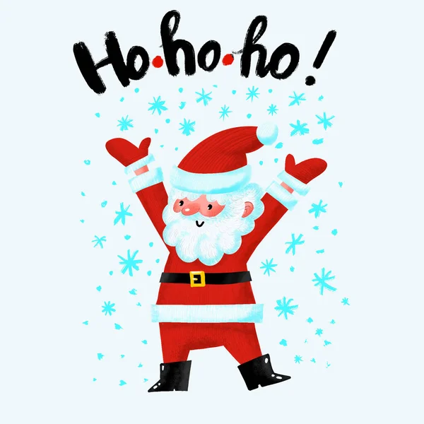 Lustige Weihnachtsmänner Mit Hohoho Schriftzug Niedliche Cartoon Weihnachtskarte Kindlicher Hintergrund — Stockfoto